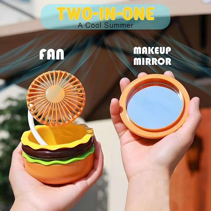 2-in-1 Burger Mini Fan & Makeup Mirror | Portable Compact Fan