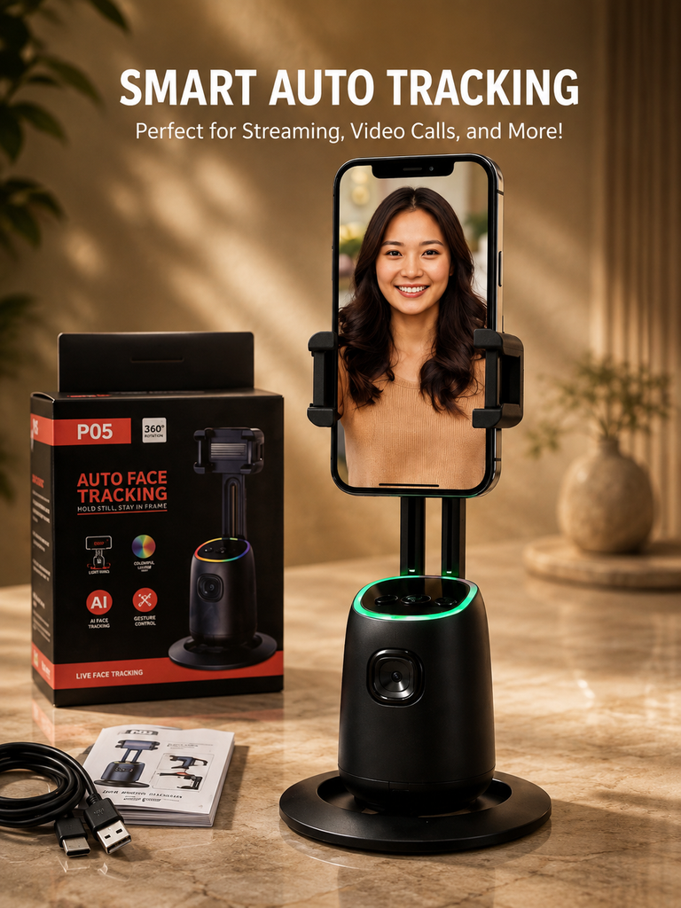 AI Face Tracking Phone Holder 360° | Smart Auto Tracking Phone Stand for Live Streaming & Video Calls