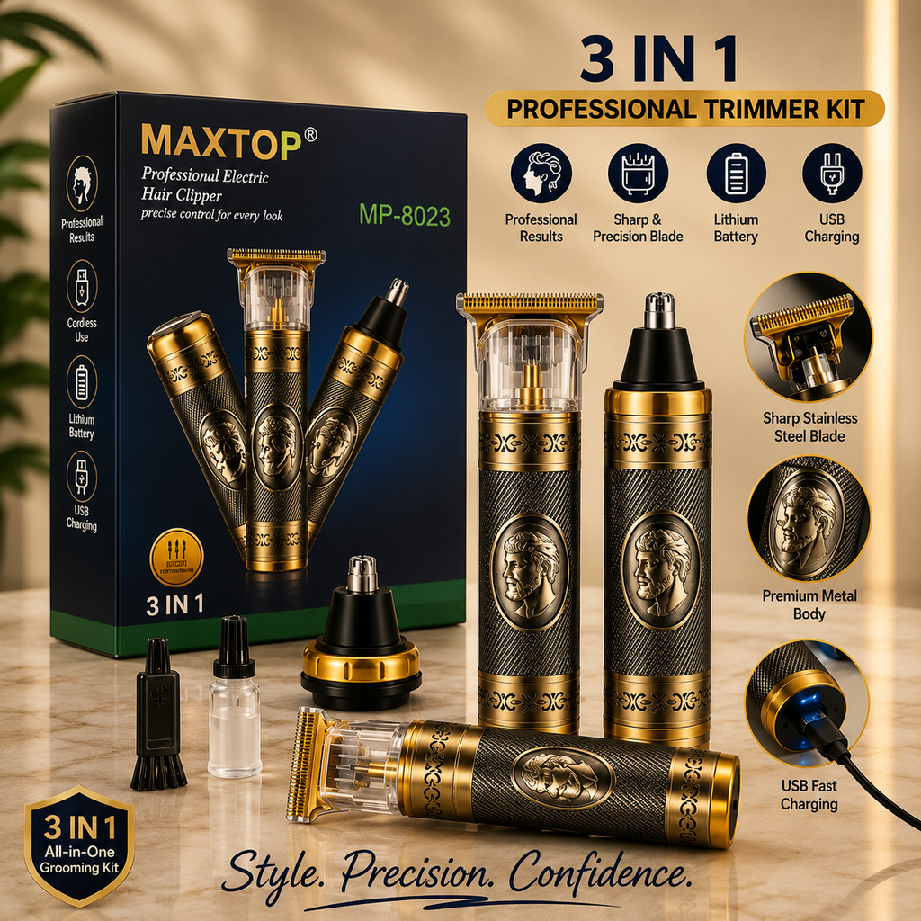 3-in-1 Professional Trimmer Kit for Men | Cordless Beard, Hair & Nose Trimmer with USB Charging